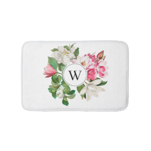 Vintage White & Pink Magnolia Flowers Monogram Bath Mat