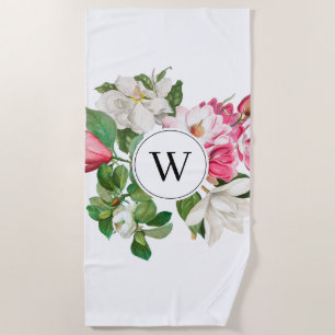 Vintage White & Pink Magnolia Flowers Monogram Beach Towel