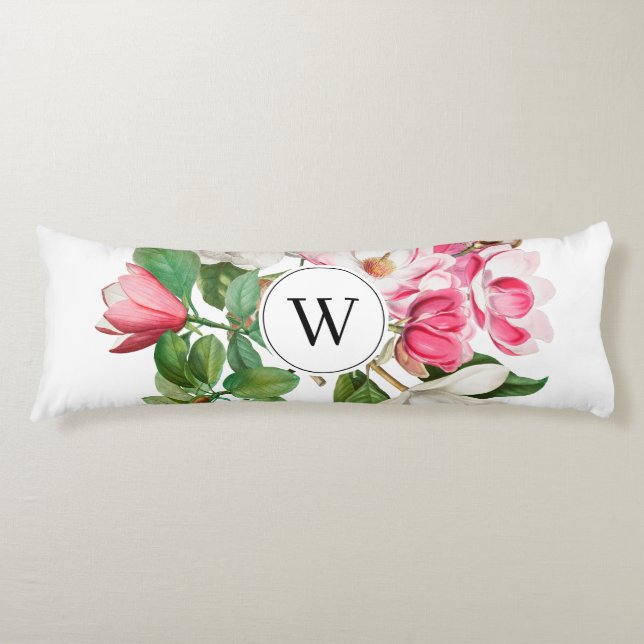 Vintage White & Pink Magnolia Flowers Monogram Body Pillow (Front)