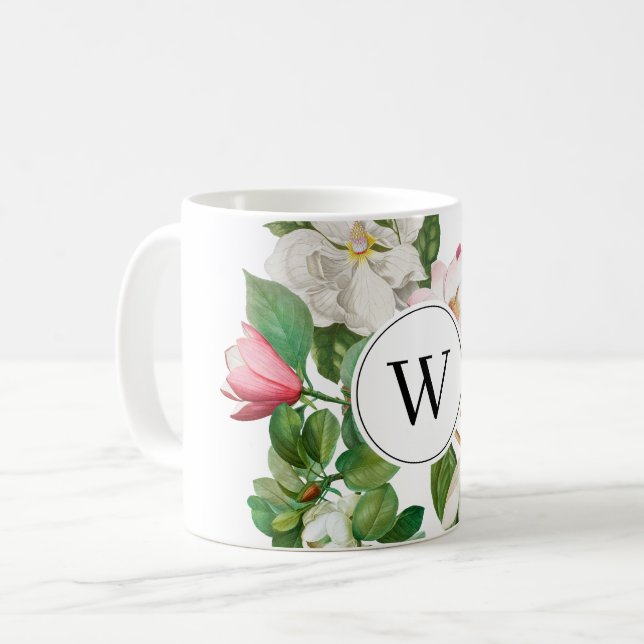 Vintage White & Pink Magnolia Flowers Monogram Coffee Mug (Front Left)