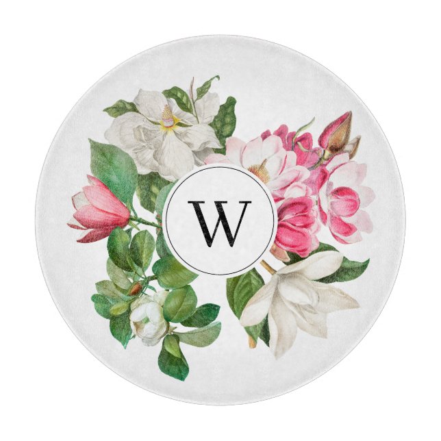 Vintage White & Pink Magnolia Flowers Monogram Cutting Board (Front)
