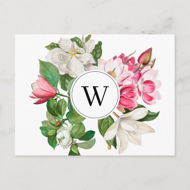 Vintage White & Pink Magnolia Flowers Monogram Holiday Postcard (Front)