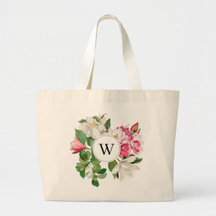 Vintage White & Pink Magnolia Flowers Monogram Large Tote Bag