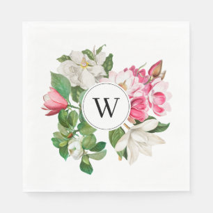 Vintage White & Pink Magnolia Flowers Monogram Napkin