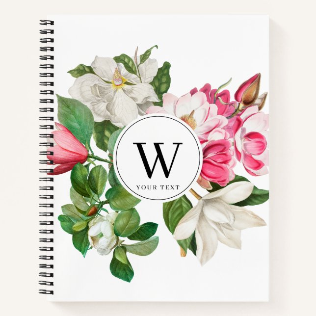 Vintage White & Pink Magnolia Flowers Monogram Notebook (Front)