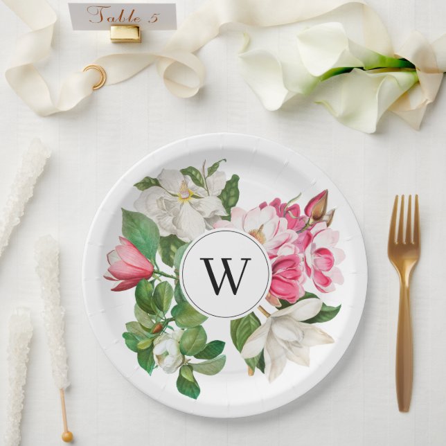 Vintage White & Pink Magnolia Flowers Monogram Paper Plate (Wedding)
