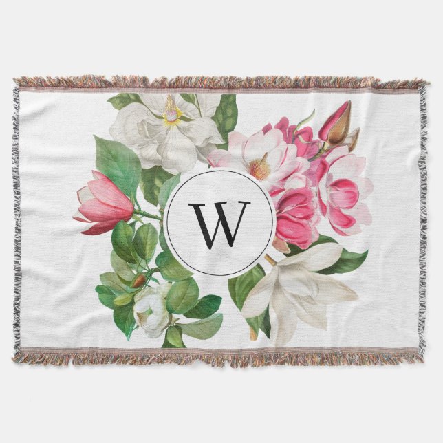 Vintage White & Pink Magnolia Flowers Monogram Throw Blanket (Front)
