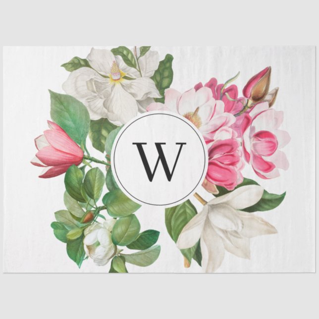 Vintage White & Pink Magnolia Flowers Monogram Tissue Paper (Front)