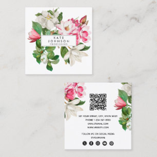 Vintage White & Pink Magnolia Flowers QR Code Square Business Card