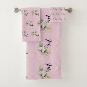 Vintage White Pink Roses Golden Heart Monogram  Bath Towel Set