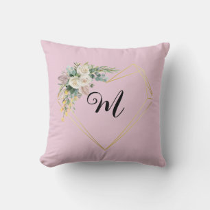 Vintage White Pink Roses Golden Heart Monogram  Throw Pillow