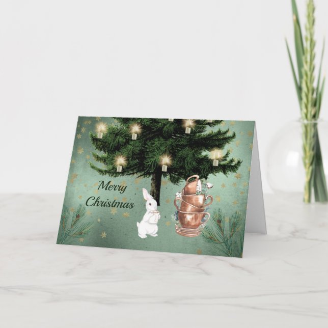 Vintage White Rabbit Tea Party Christmas Holiday Card (Front)
