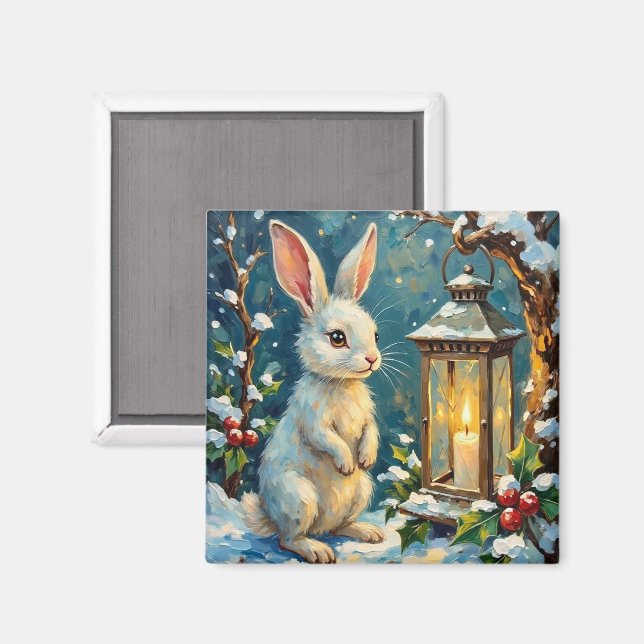 Vintage White Rabbit with Christmas Lantern Magnet (Front/Back)