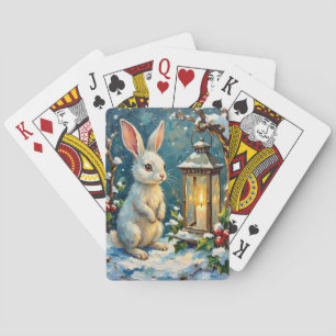 Vintage White Rabbit with Christmas Lantern Playing Cards