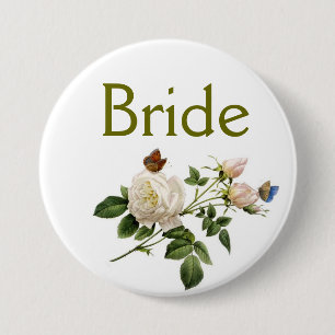vintage white rose flowers bride or groom 3 inch round button