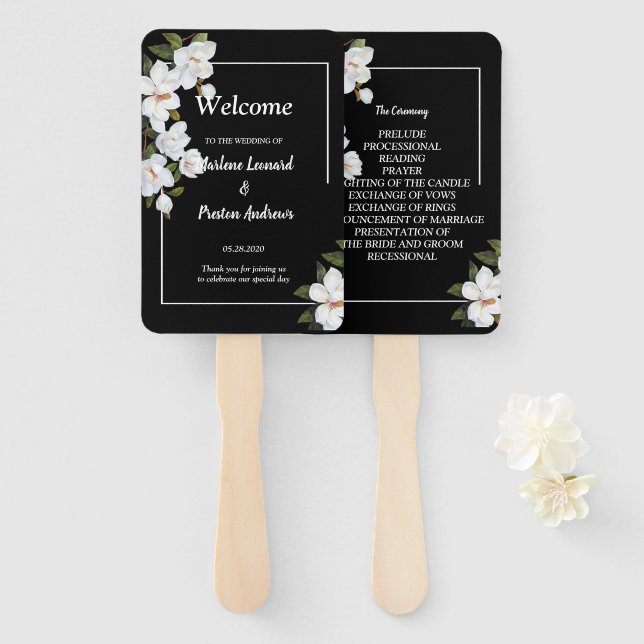 Vintage White Rose Wedding Program Hand Fan (Front and Back)