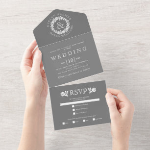 Vintage white rose wreath on grey wedding all in one invitation