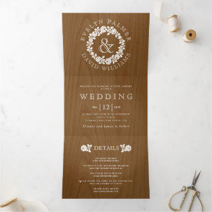 Vintage white rose wreath rustic wood wedding Tri-Fold invitation