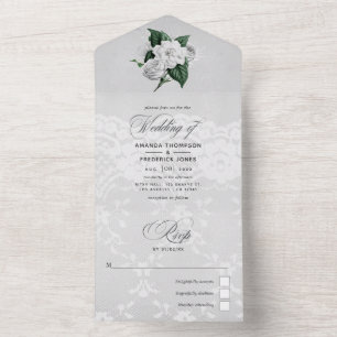 Vintage White Roses and Lace Wedding All In One In All In One Invitation