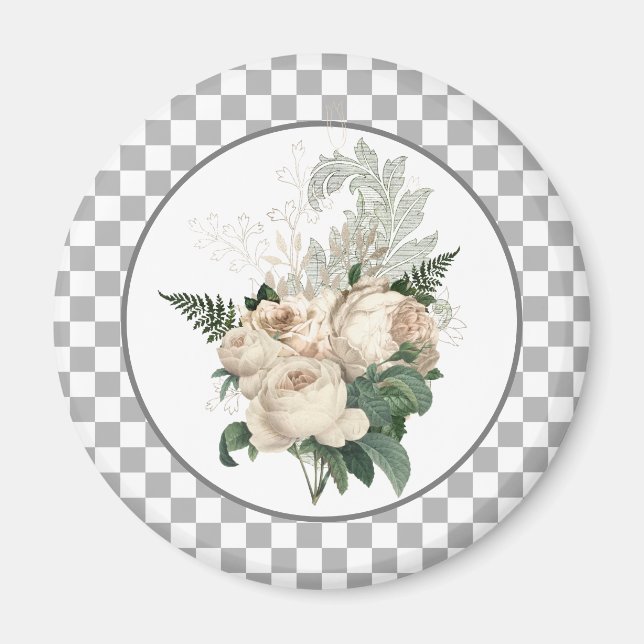 Vintage White Roses Chequerboard  Magnet (Front)