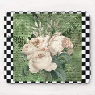 Vintage White Roses & Chequerboard  Mouse Pad