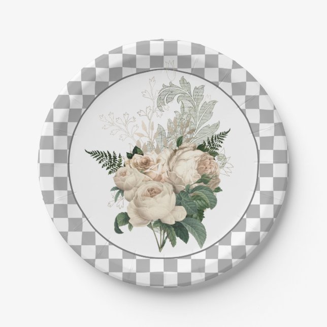 Vintage White Roses Chequerboard Paper Plate (Front)