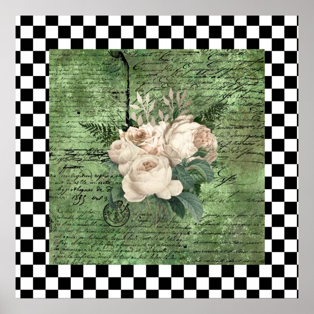 Vintage White Roses & Chequerboard   Poster (Front)