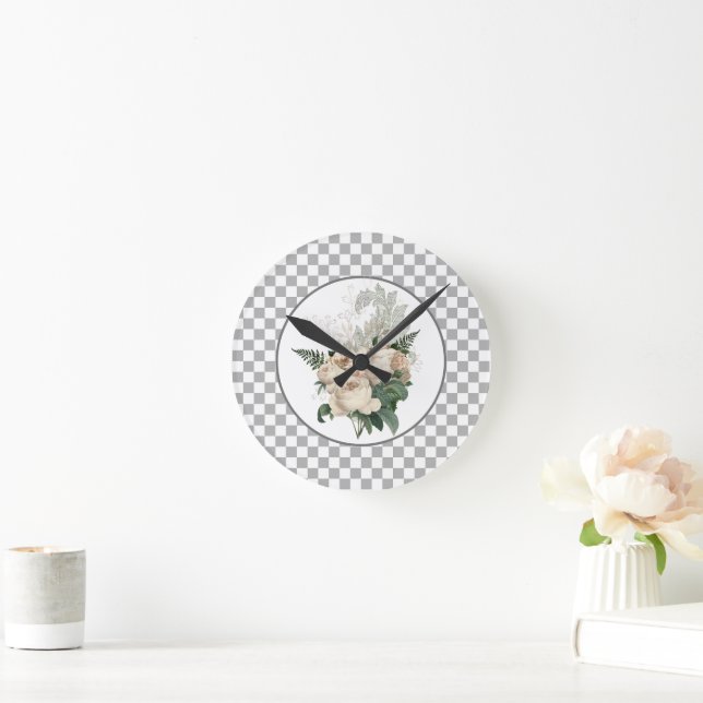 Vintage White Roses Chequerboard  Round Clock (Home)