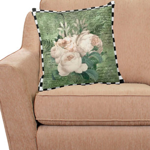 Vintage White Roses & Chequerboard Throw Pillow