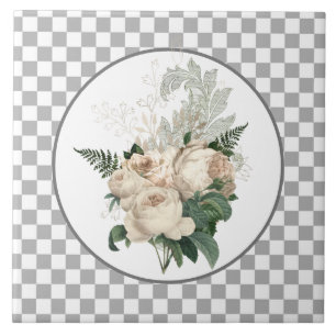 Vintage White Roses Chequerboard Tile