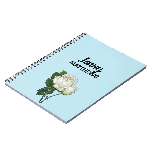 Vintage white roses custom name on blue notebook (Left Side)