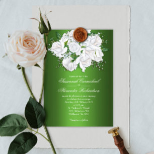Vintage White Roses, Emerald Green Wedding Invite