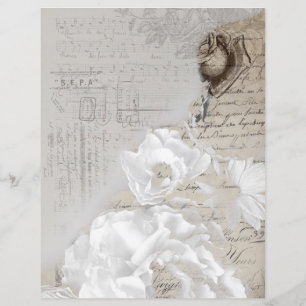 Vintage white roses old handwriting paper