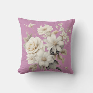 Vintage White Roses & Pink Background Throw Pillow