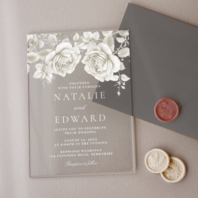 Vintage White Roses Wedding Acrylic Invitations (Creator Uploaded)