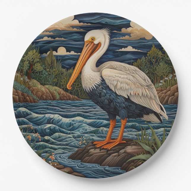 Vintage white sea bird seagull pelican paper plate (Front)