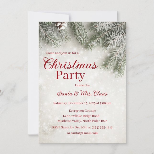 Vintage White Snow Sparkle Pinecone and Branches Invitation (Front)