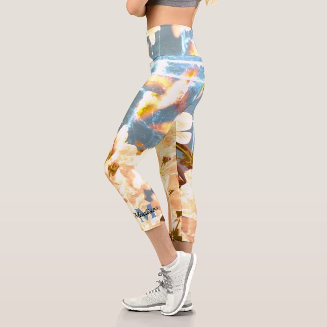 Vintage White spring flower blossom Monogram Capri Leggings (Left)