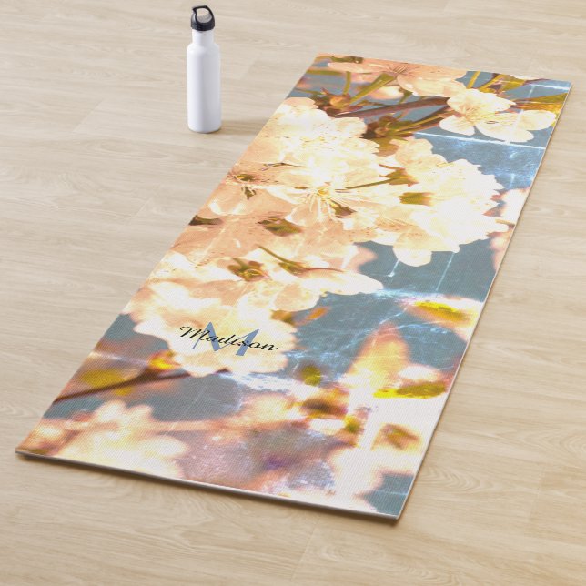 Vintage White spring flower blossom Monogram Yoga Mat (In Situ)