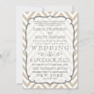 Vintage White Tan Neutral Chevron Stripes Wedding Invitation