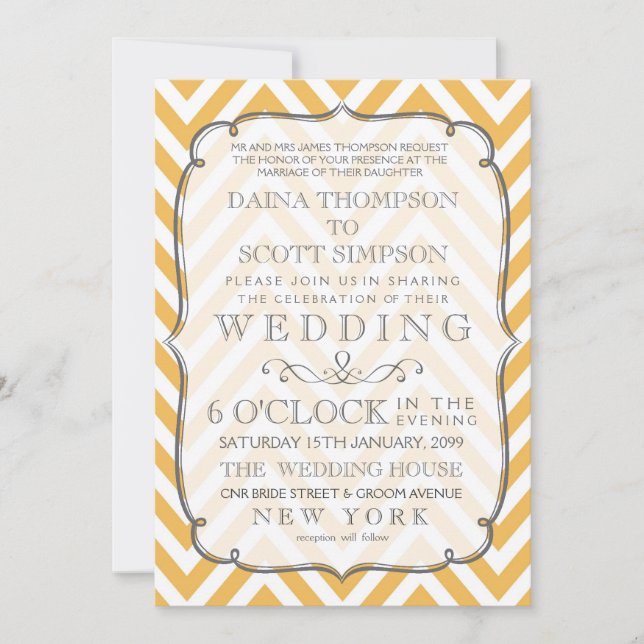 Vintage White Tangerine Chevron Stripes Wedding Invitation (Front)