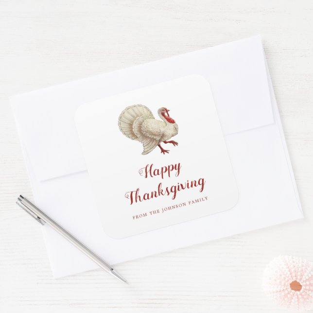 Vintage White Turkey Happy Thanksgiving Square Sticker (Envelope)