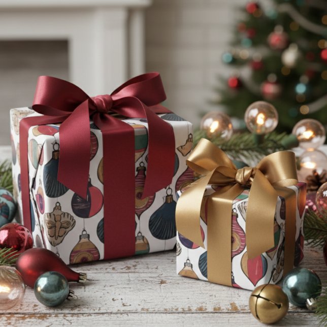 Vintage White Xmas Ornaments Wrapping Paper  (Chic Holiday Retro Wrapping Paper for Christmas. Stylish Elegant Vintage Xmas Ornaments Pattern )