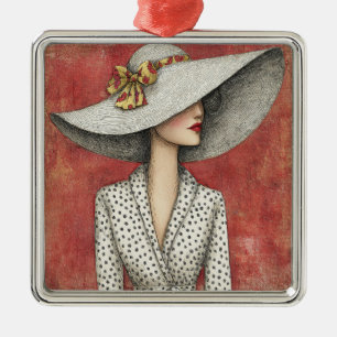 Vintage Wide Sun Hat Lady on Red Metal Ornament