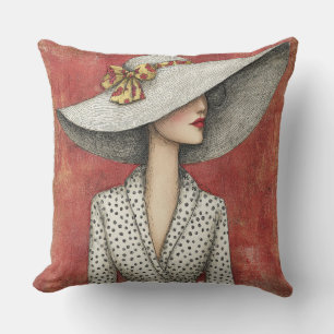Vintage Wide Sun Hat Lady on Red Throw Pillow