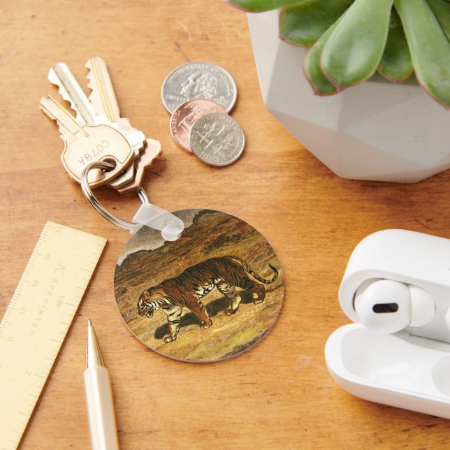 Vintage Wild Animal, Bengal Tiger Roaming Plains Keychain (Desk)