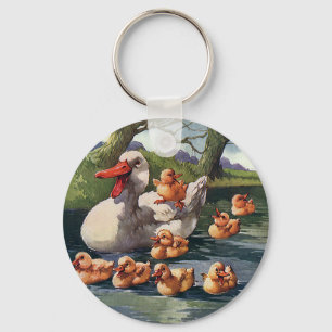 Vintage Wild Animals Birds, Ducklings Duck Family Keychain