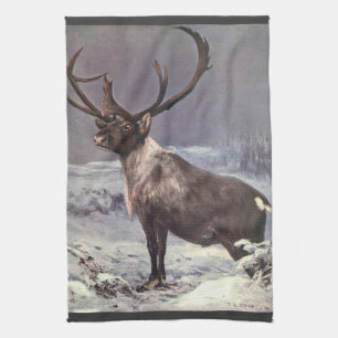 Vintage Wild Animals, Reindeer Caribou by CE Swan Kitchen Towel