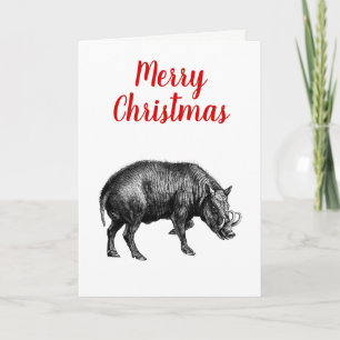 Vintage Wild Boar Drawing BW#1 Christmas Xmas Holiday Card