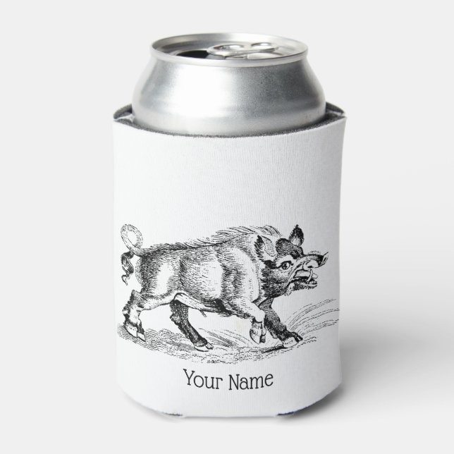Vintage Wild Boar Drawing BW #2 Can Cooler (Can Front)